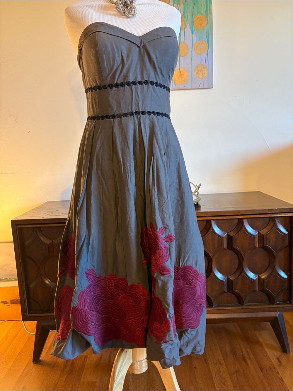 Tibi Gray Strapless Dress with Deep Pink Floral Embroidery